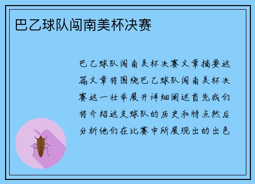 巴乙球队闯南美杯决赛 